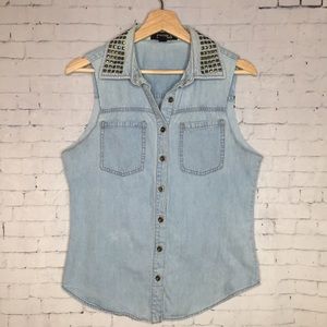 F21 Premium Denim Modified Studded Collar Shirt